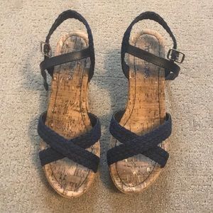 Maurices navy blue and cork wedges
